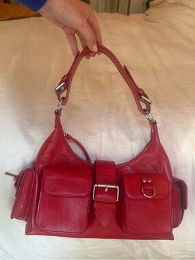 The Kooples Amelia Red Leather Shoulder Bag Multi Pocket Silver Hardware
